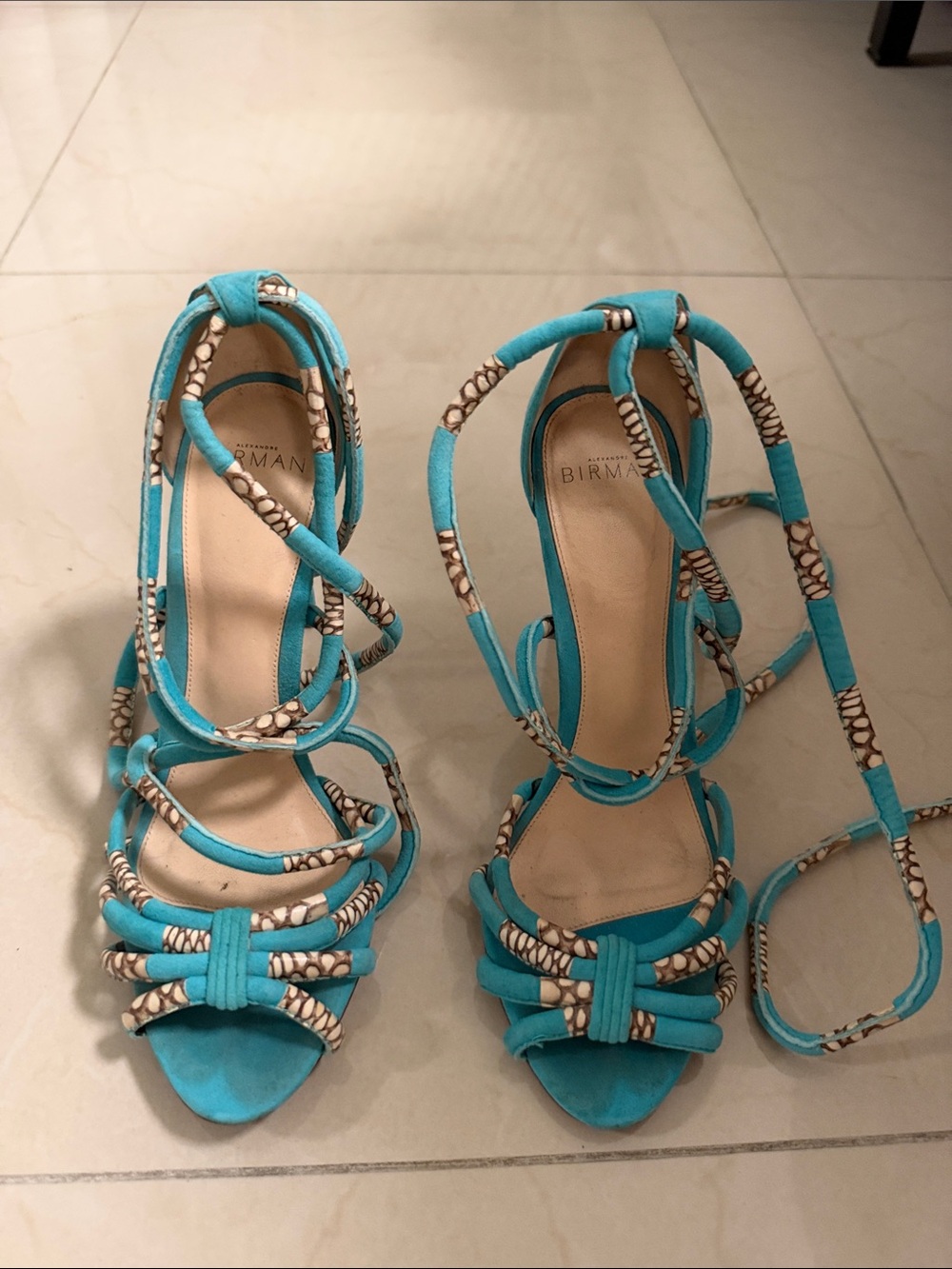 Alexandre Birman Turquoise and Cream Wrap Lace Heeled Sandals